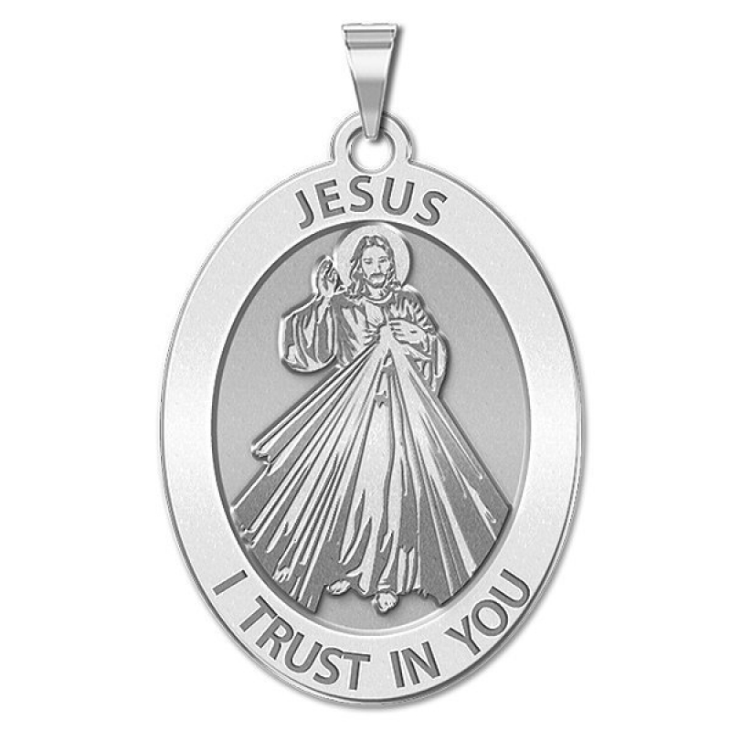 Divine Mercy Oval Medal Pendant Necklace in Sterling Silver | PicturesOnGold