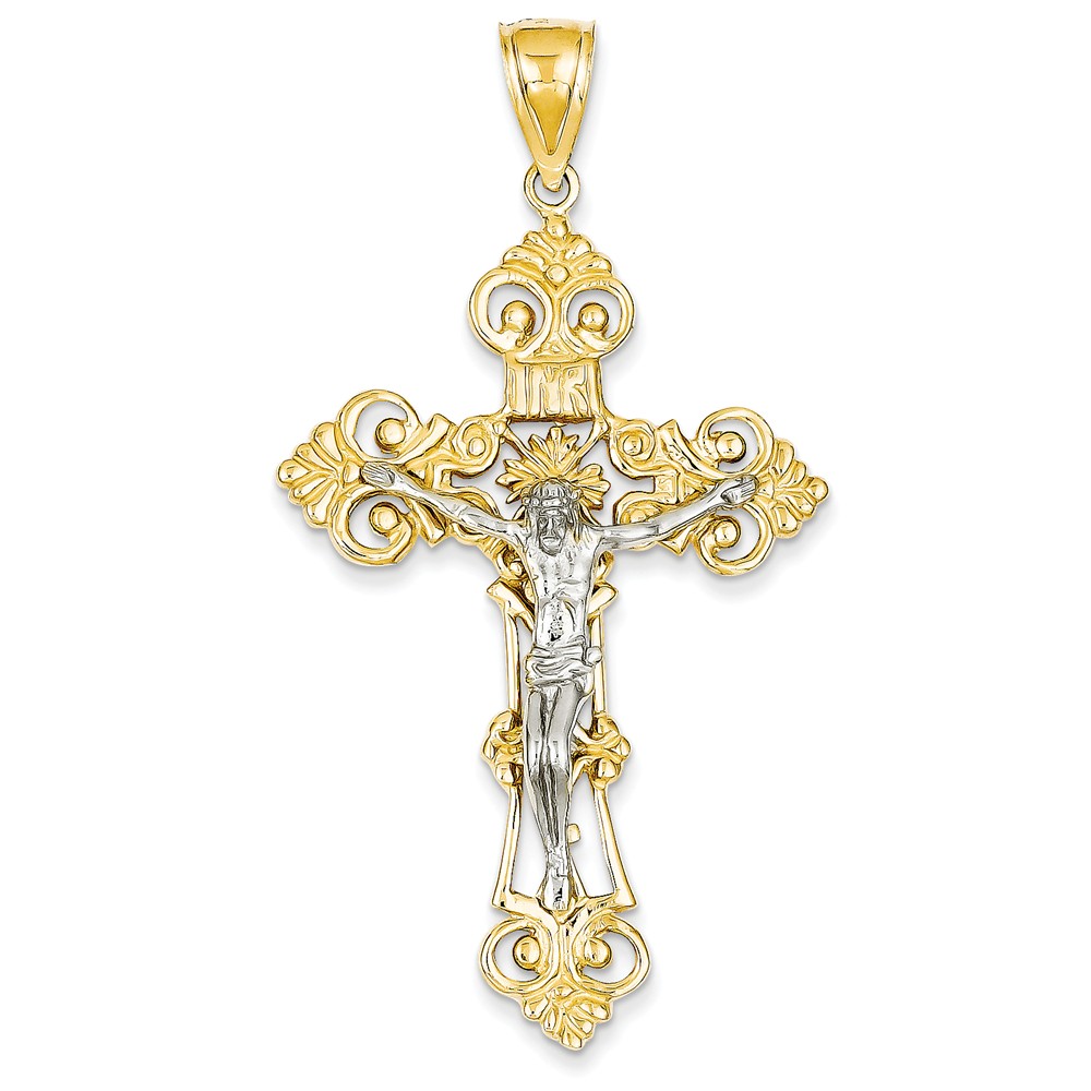 14k Two-tone INRI Fleur De Lis Crucifix Pendant - PG97752
