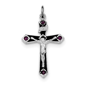 Sterling Silver Rhodium plated Black Epxy Purple CZ INRI Cross Pendant