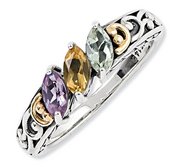 Sterling Silver   14k Three stone  Antiqued Mother s Ring