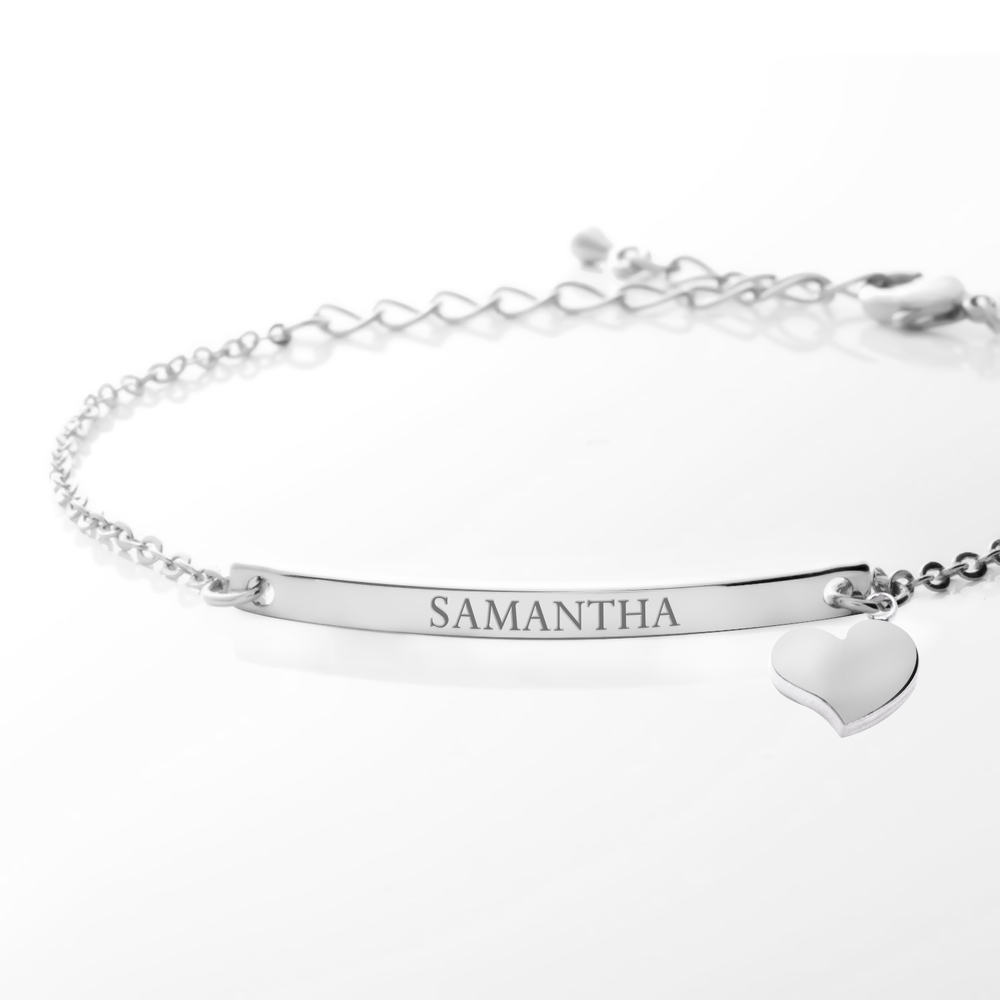 Sterling Silver Polished Anklet with Heart Charm & Engravable Plate