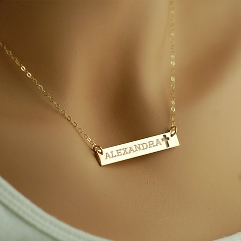 Personalized Name Bar Necklace w/ Cross 