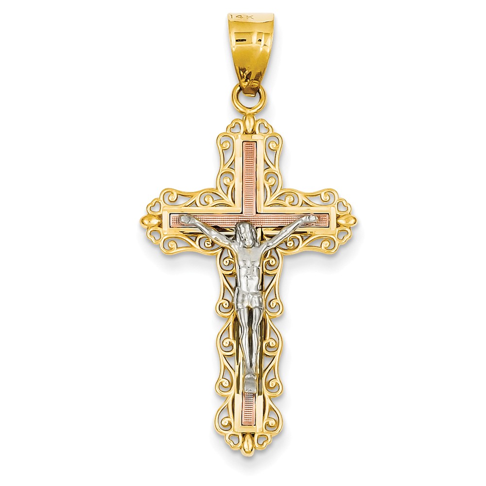 14K Tri-color Diamond-cut Crucifix Pendant - PG95548