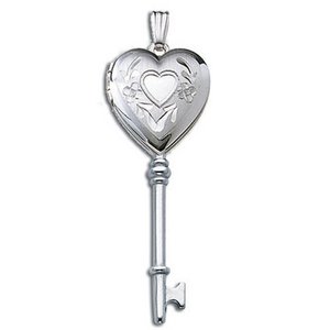 14k White Gold Small Key Heart Photo Locket - Pg71651