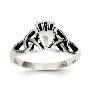 Ladies or Children Sterling Silver and Rhodium Antiqued Claddagh Ring