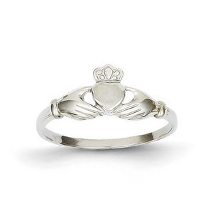 Ladies or Children 14K White Gold Polished and Satin Claddagh Ring