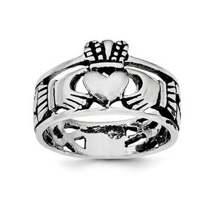 Unisex Sterling Silver and Rhodium Antiqued Claddagh Ring